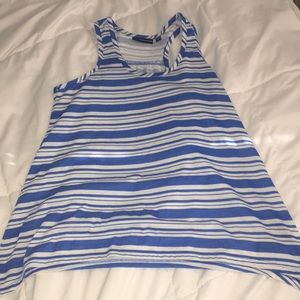 Blue and white stripped shoulder showing shirt